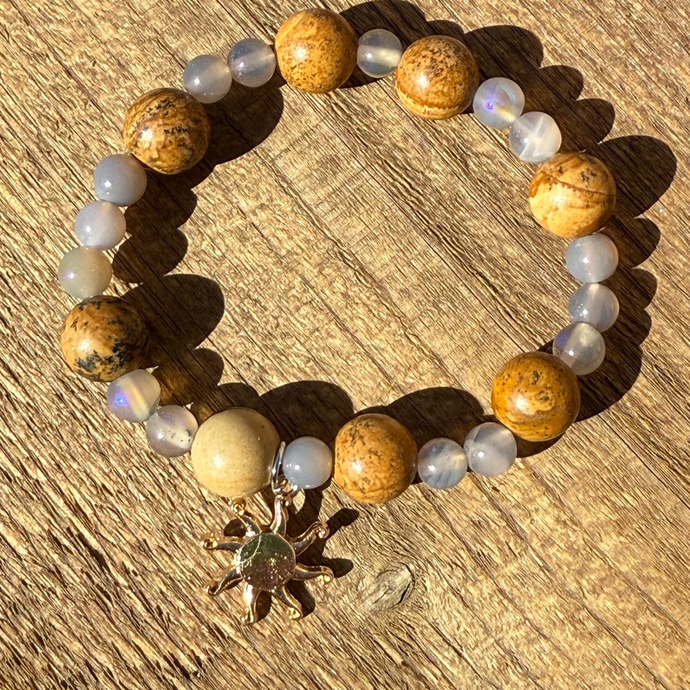 Natural jasper Stone and small moonstone Beaded Bracelet with Sun Charm